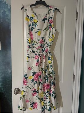 Talbots White Sleeveless Midi Dress with Pink Floral and Yellow Lemon Print